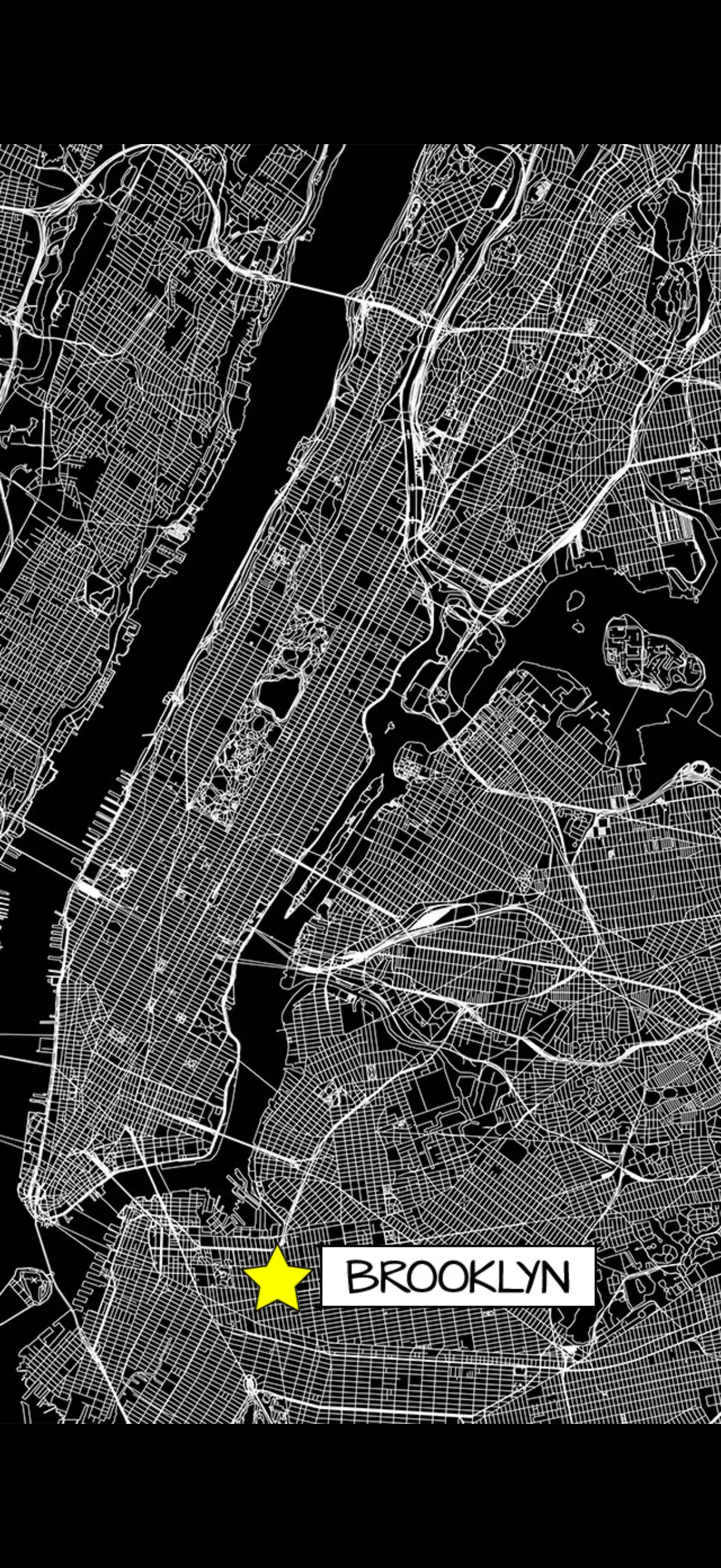 The black and white street map of New York with a yellow star on Brooklyn.