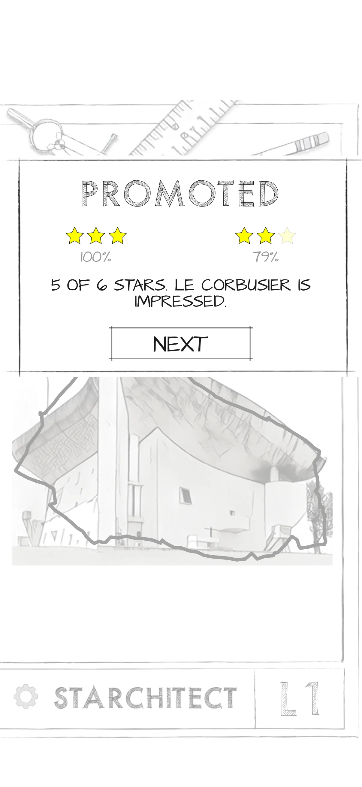 The Promoted panel: three stars at 100% and two stars at 79%, 5 of 6 stars. Le Corbusier is impressed.