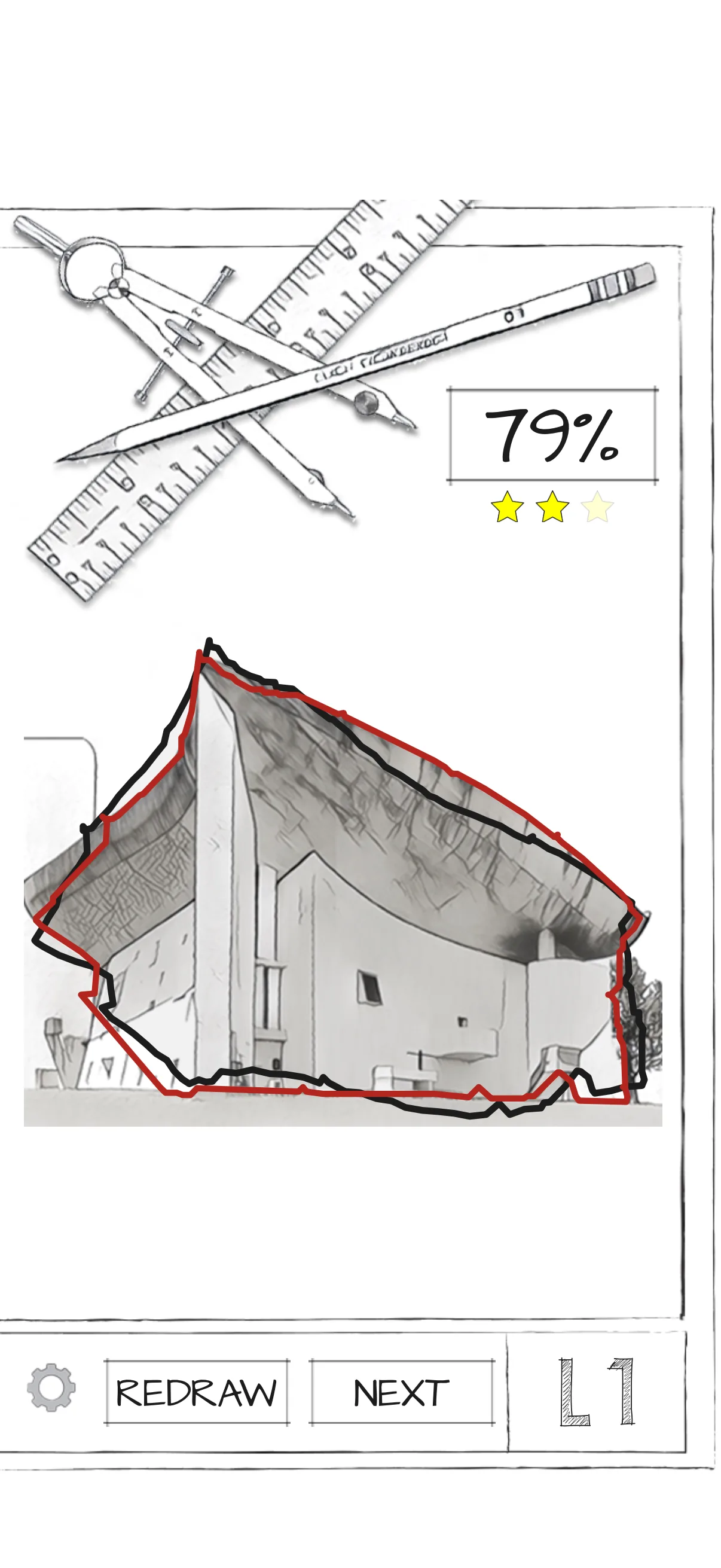 A drawing of Notre Dame du Haut with the player's wobbly black line and the real outline in red over it, scored 79% and two stars, with Redraw and Next buttons.