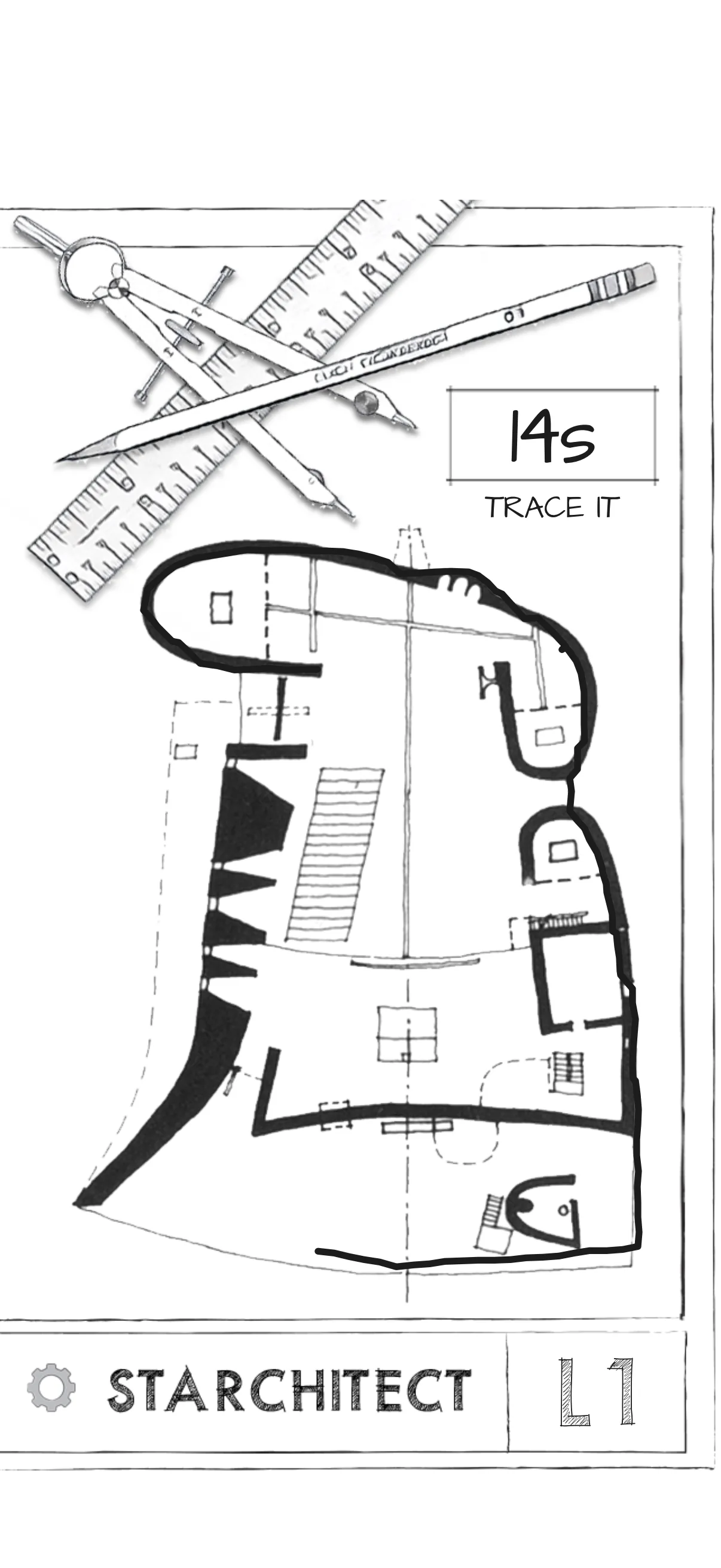 Level 1, a floor plan of Notre Dame du Haut with a thick black line being drawn round its outline, 14 seconds left and the words Trace it.