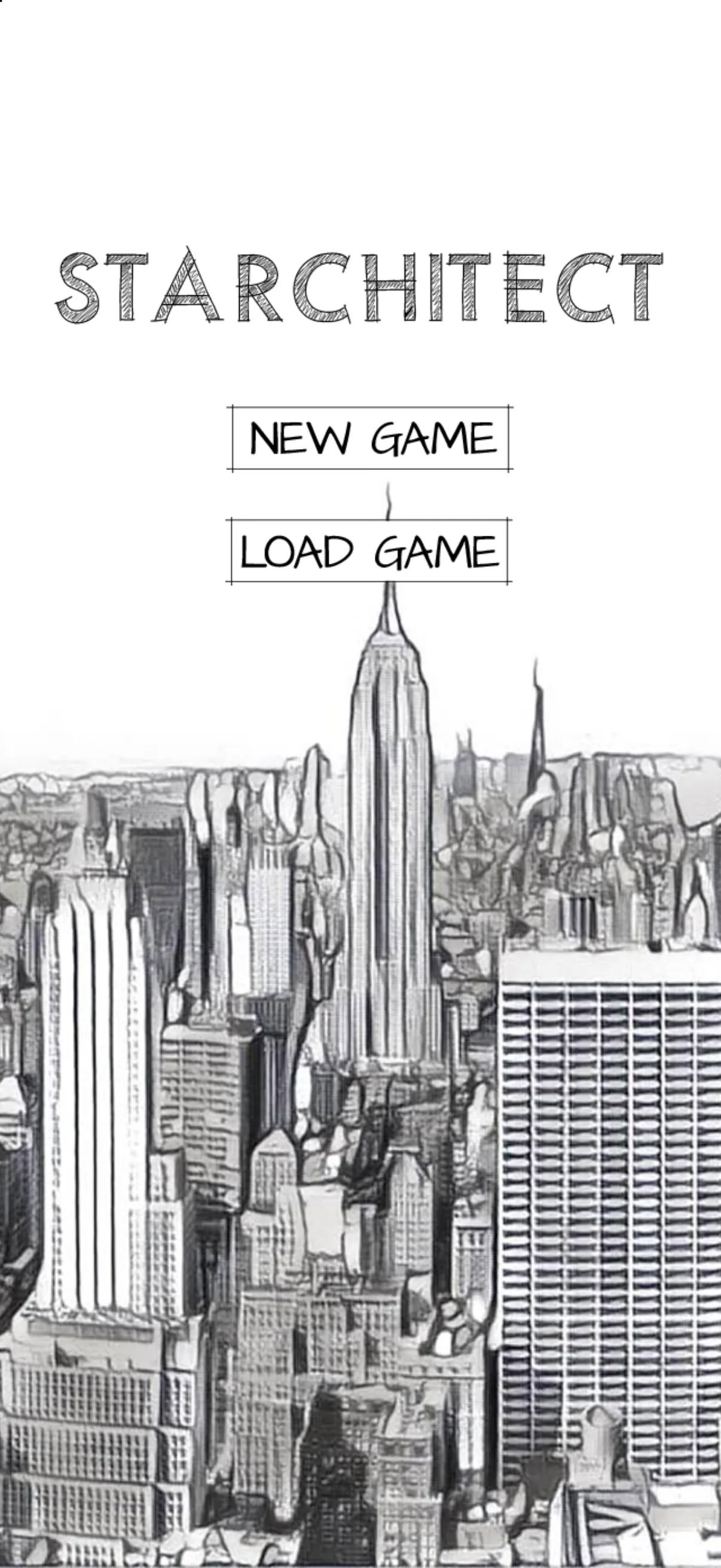Starchitect's title screen on an iPhone: the hatched STARCHITECT title, New Game and Load Game, over a pencil drawing of the Manhattan skyline with the Empire State Building.