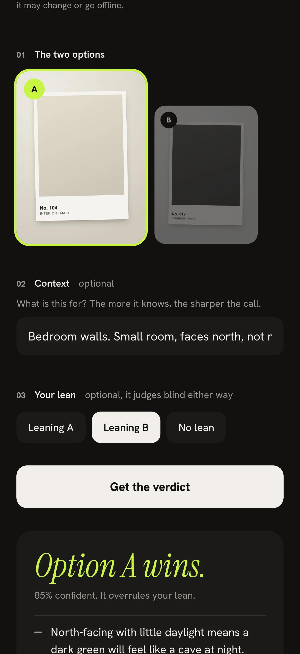 Verdict on an iPhone after a verdict. Option A, a pale warm paint chip, has the lime ring; option B, the deep green, has drained to grey and stepped back. Below the inputs: Option A wins.