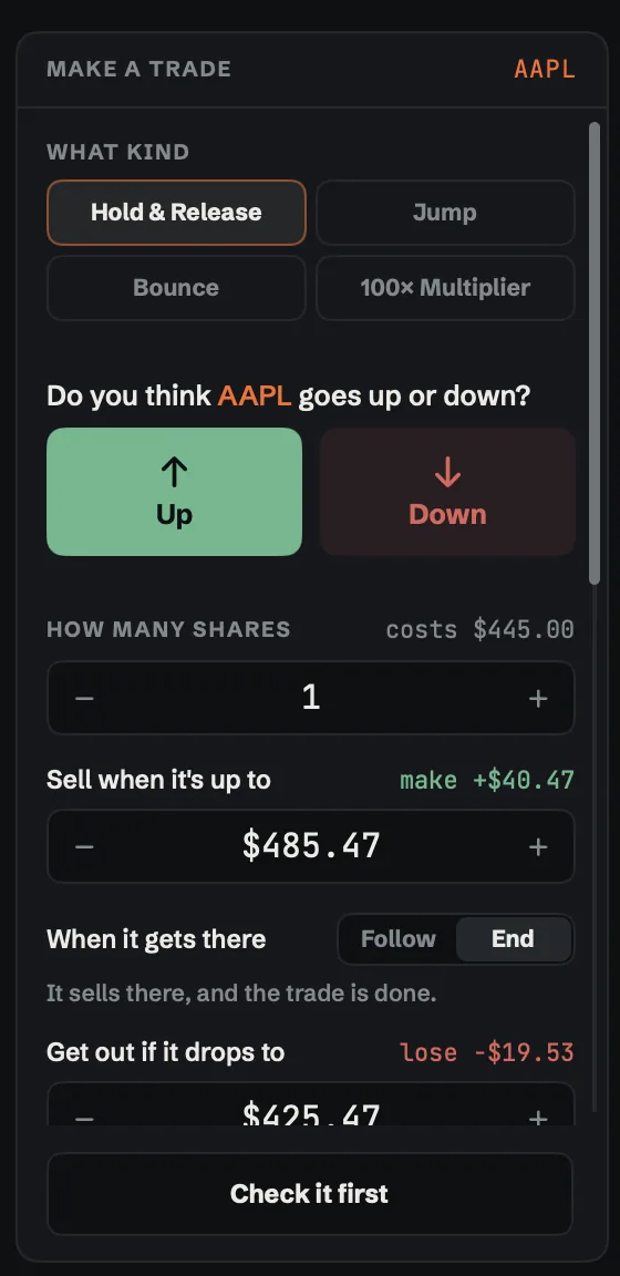 The Make a trade ticket on Hold & Release for Apple: Up or Down, how many shares, sell when it's up to $485.47, and get out if it drops to $425.47.