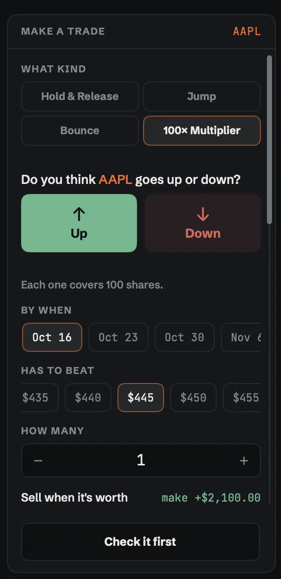 The ticket on 100× Multiplier for Apple: up or down, by when (Oct 16, Oct 23, Oct 30), has to beat ($435 to $455), how many, and sell when it's worth a price.
