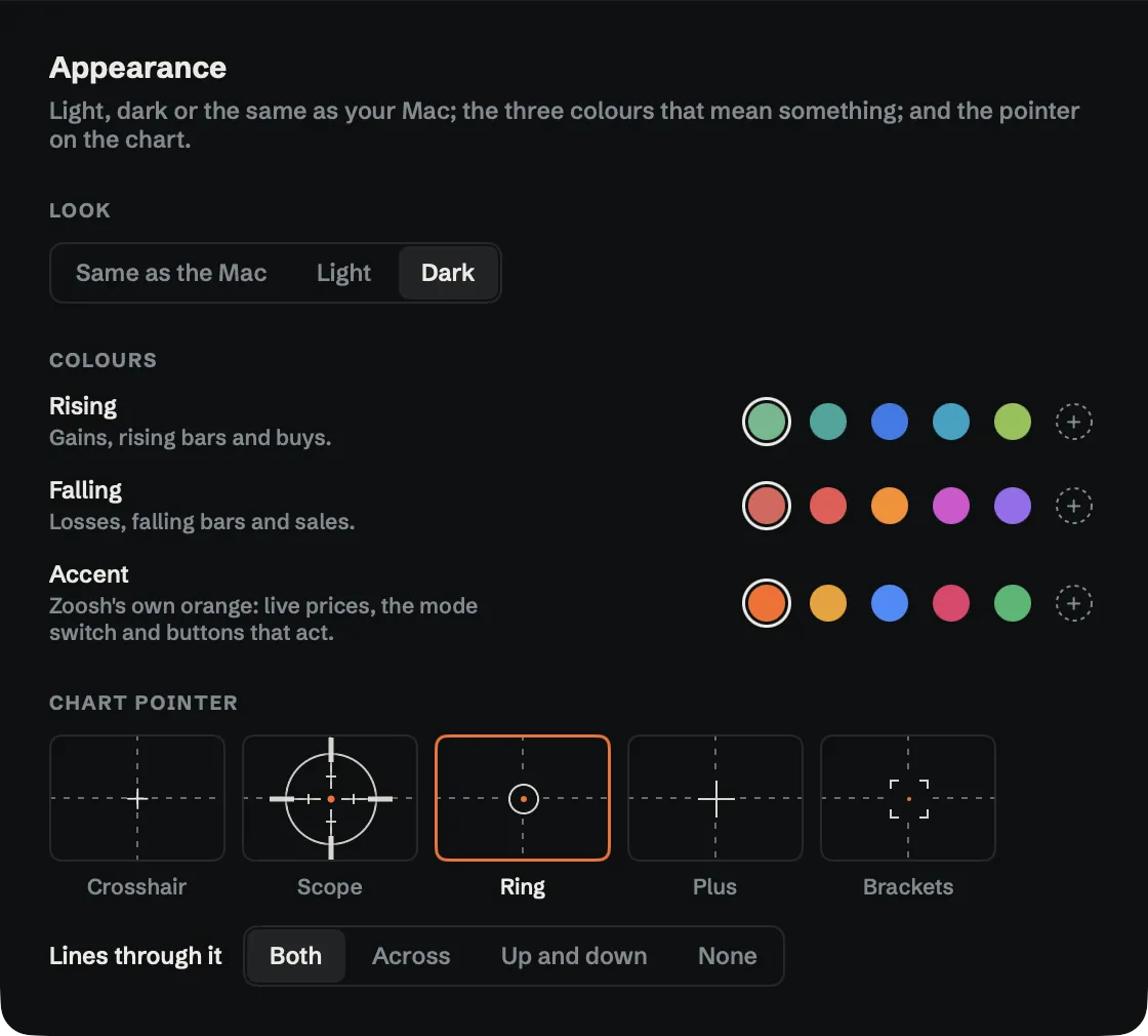 Settings, Appearance: same as the Mac, light or dark; colours for rising, falling and the accent; and the chart pointer: crosshair, scope, ring, plus or brackets.
