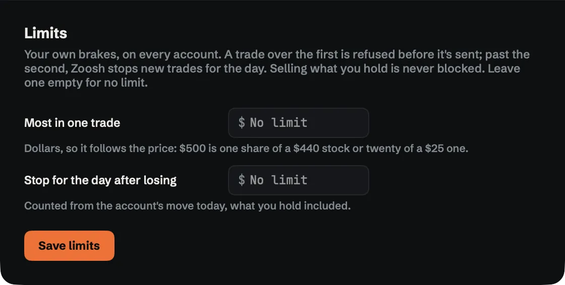 Settings, Limits: the most in one trade, and a stop for the day after losing a set amount, with Save limits.