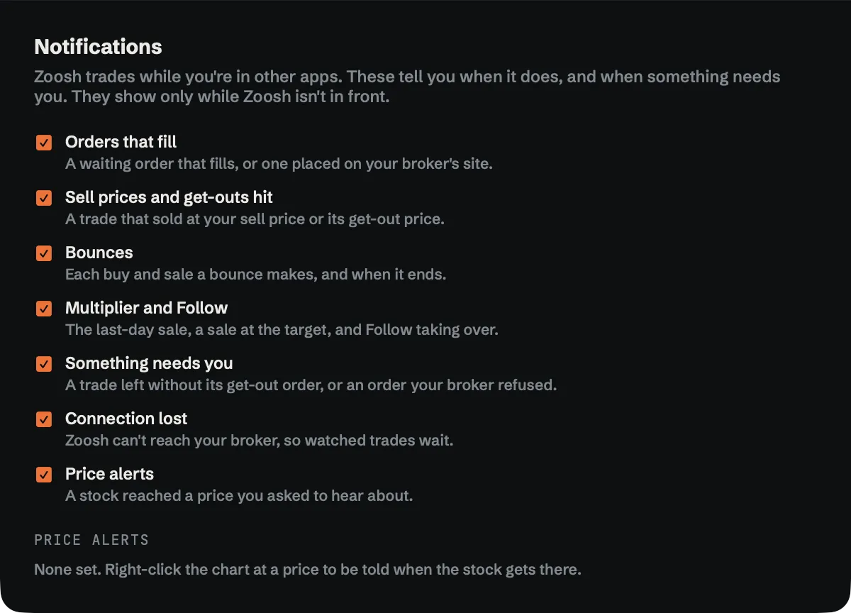 Settings, Notifications: orders that fill, sell prices and get-outs hit, bounces, multiplier and follow, something needs you, connection lost, price alerts.