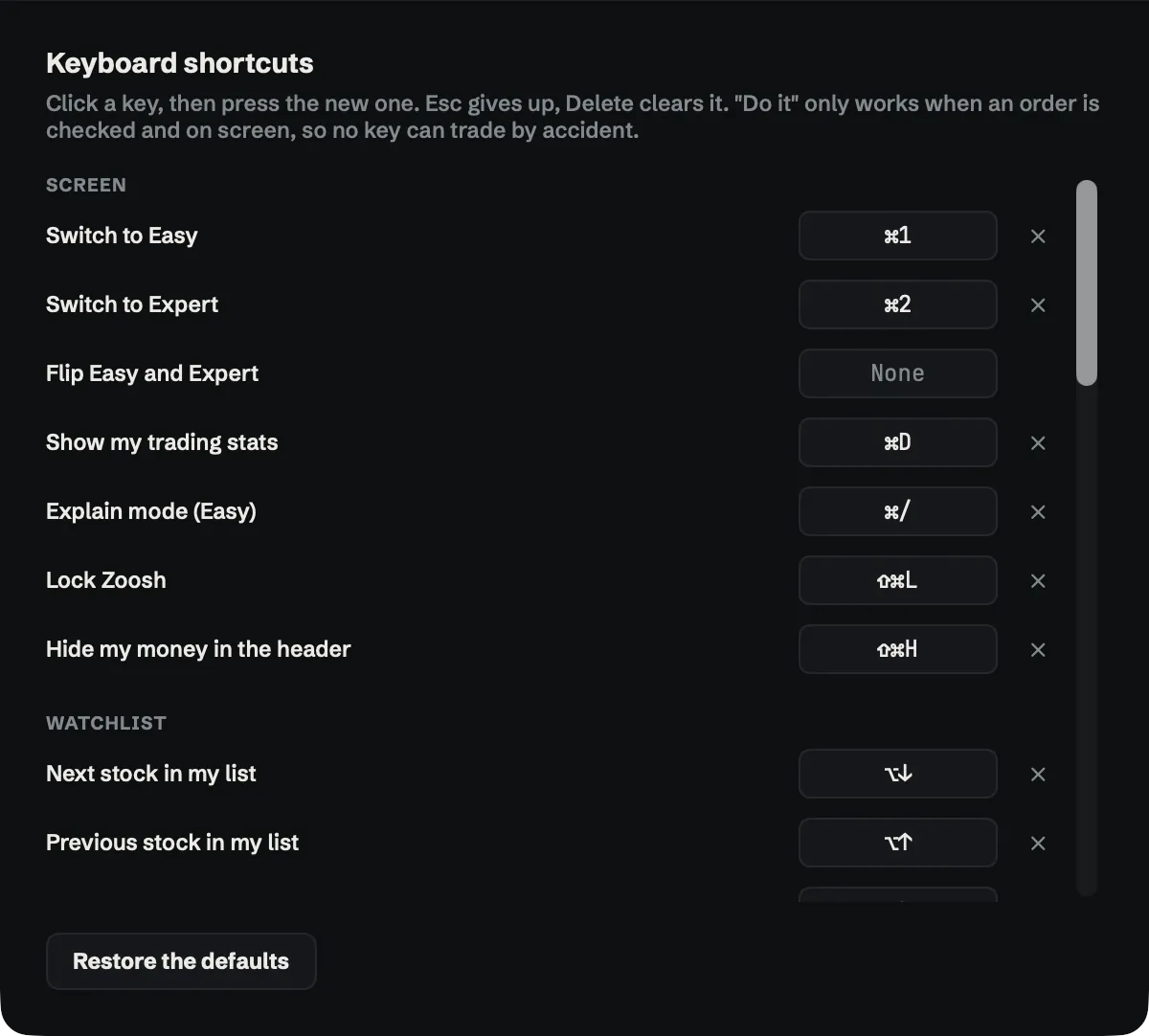 Settings, Keyboard shortcuts: switch to Easy, switch to Expert, show my trading stats, explain mode, lock Zoosh, hide my money in the header, next and previous stock.