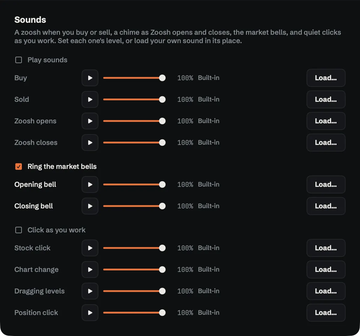 Settings, Sounds: buy, sold, Zoosh opens and closes, the opening and closing market bells, and clicks as you work, each with a level.